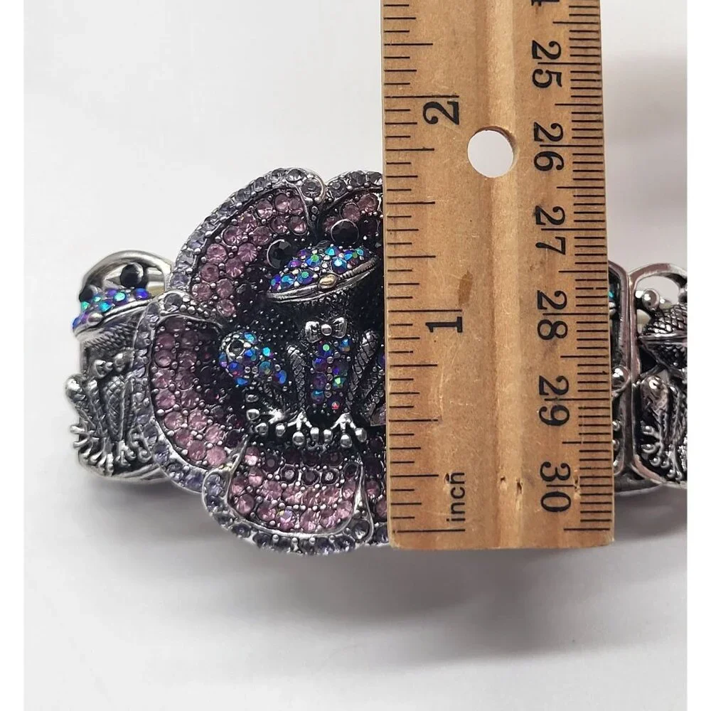 YUHONG Rhinestone Stretch Silver Tone Bracelet FROG Whimsical Bling Fairy Flower - Picture 12 of 12